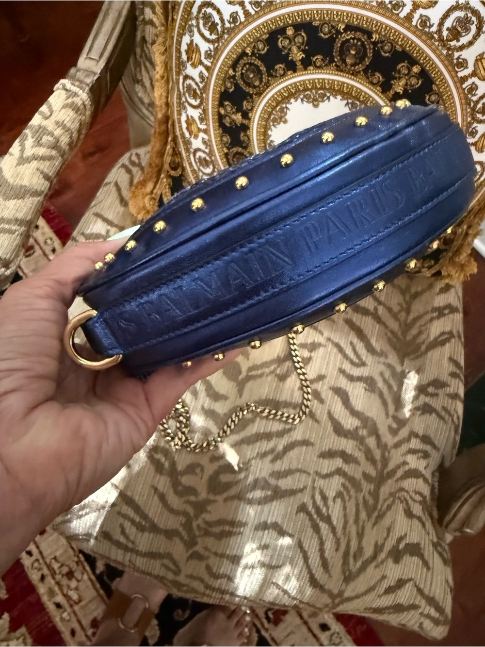 Balmain Navy Blue Round Embossed Crossbody with Gold Studs - Picture 3 of 7